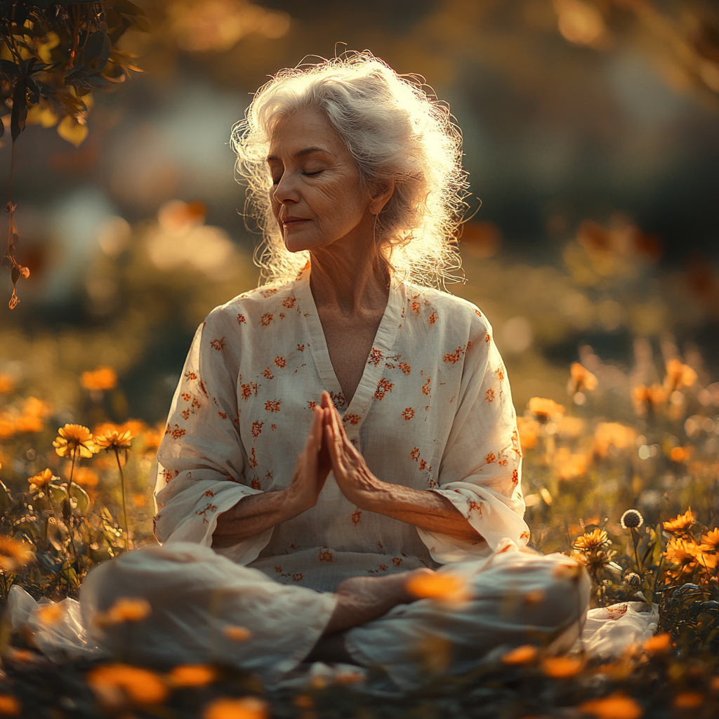 Жінка в позі лотоса на природі під час заходу сонця, оточена квітами та спокійною атмосферою