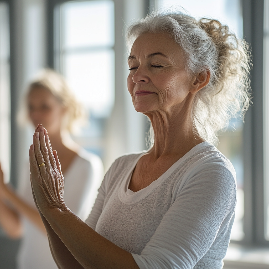 Інструктор йоги допомагає новачку правильно виконати позу дерева в світлій студії