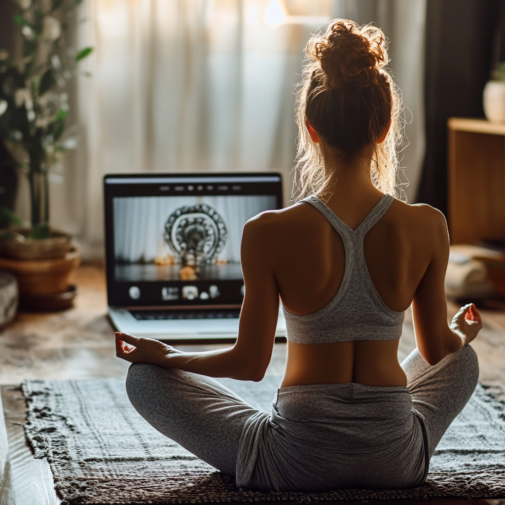 Екран ноутбука з відео-заняттям йоги, де інструктор показує асану кобри